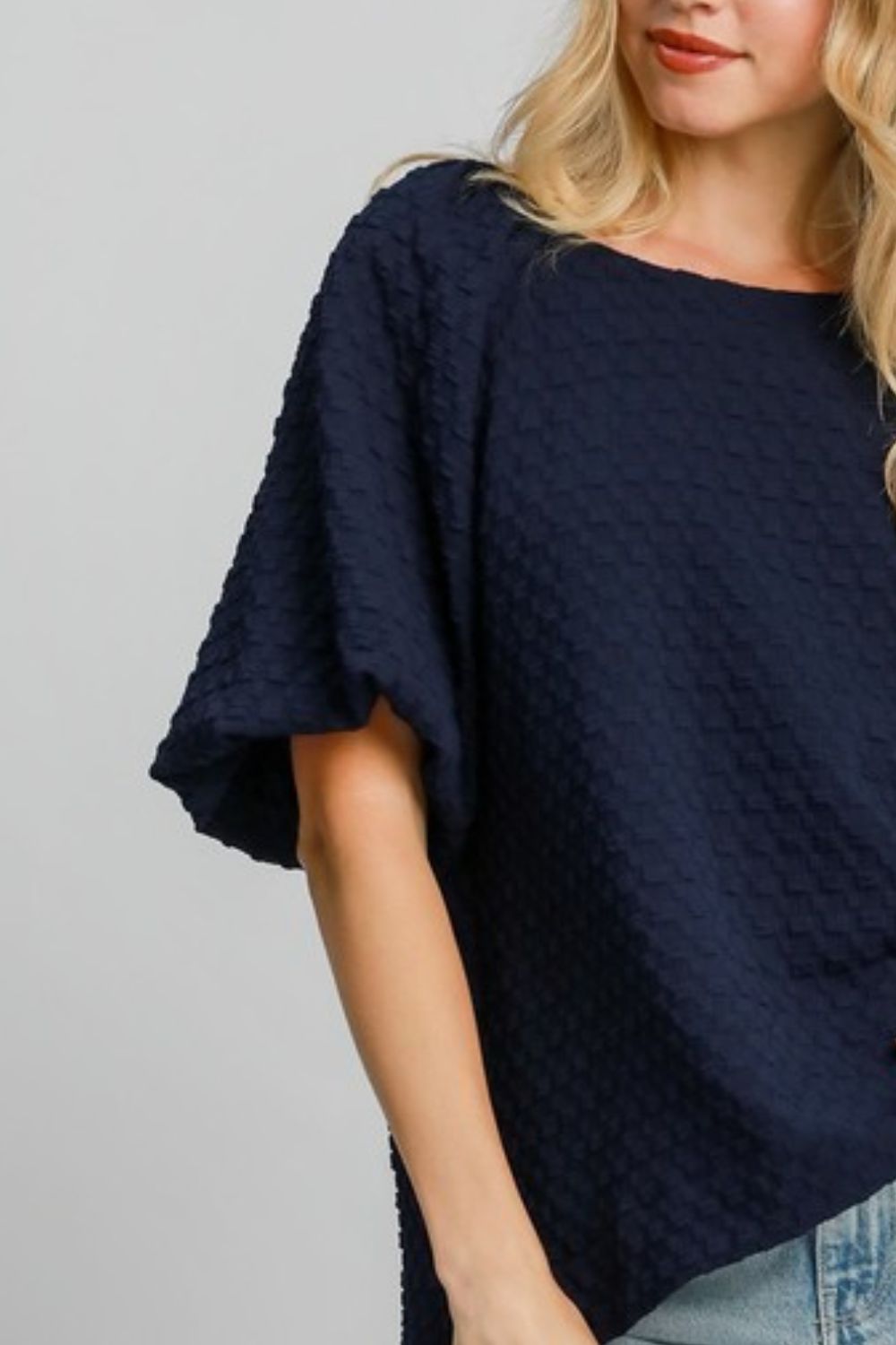 Umgee Full Size Boxy Cut Jacquard Round Neck Top with Side Slit Plus