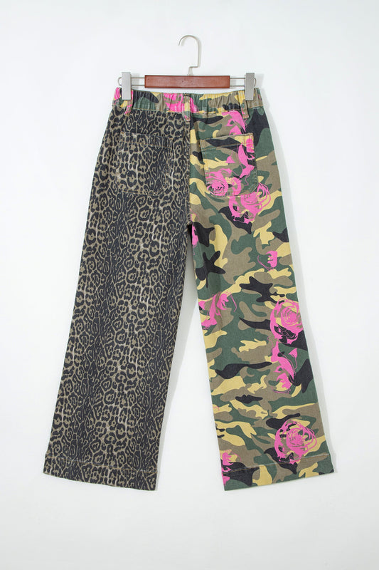 Abstract Camo Leopard Patchwork Straight Leg Jeans