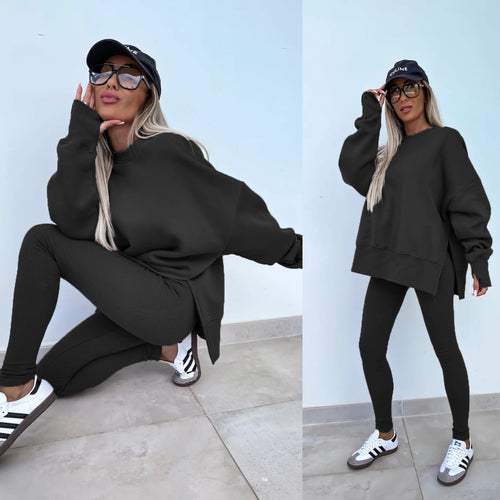 Sweater Suit Women's Casual Loose Long Sleeve Crew Neck Split Top