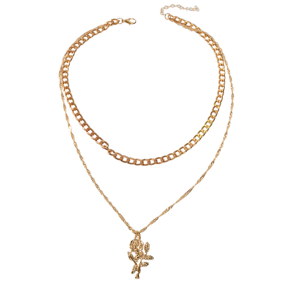 Female Jewelry Double layer Gold Chain Flower Pendant Necklace Women