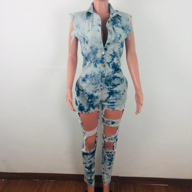 Denim hole tie dyed jumpsuit Women sashes buttons sexy long