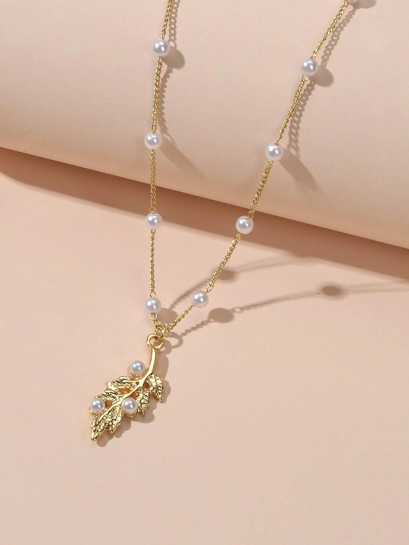Feelontop Fashion Jewellery Pearl Gold Leaf Pendant Necklace Women