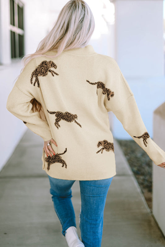 Cheetah Mock Neck Split Hem Sweater