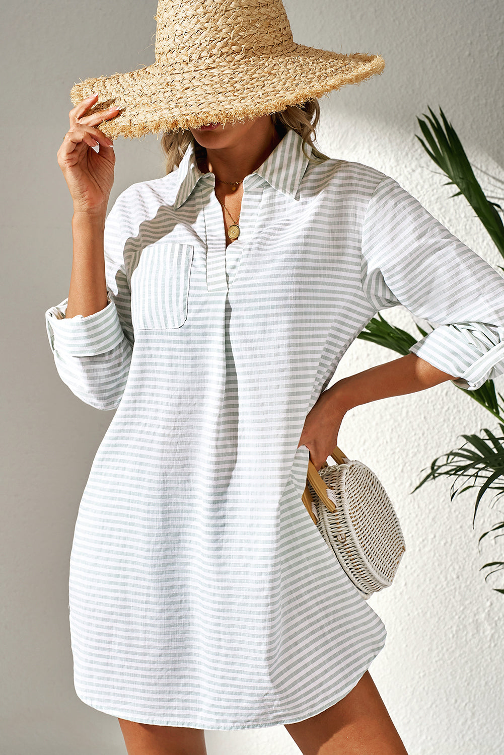 Stripe Collared V-Neck Chest Pocket Swim Cover Up