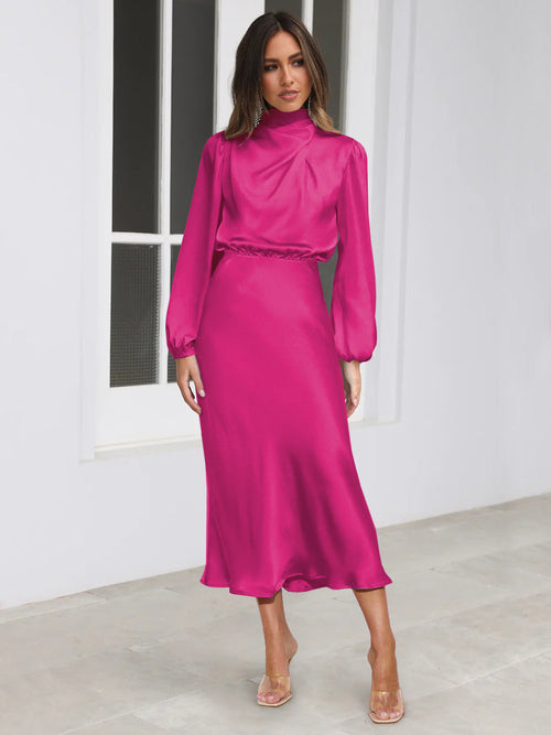 Elegant Temperament Long-sleeved Dress Satin Halterneck Formal Evening