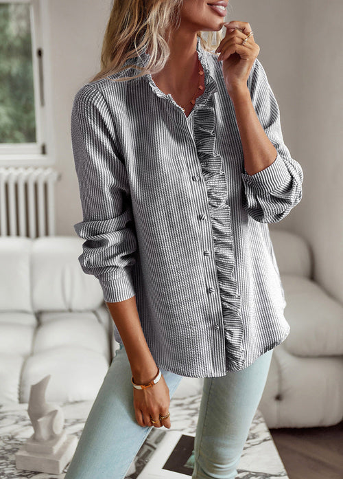 Striped Long Sleeve Shirt Fashion Ruffle Design Button Up Tops Casual