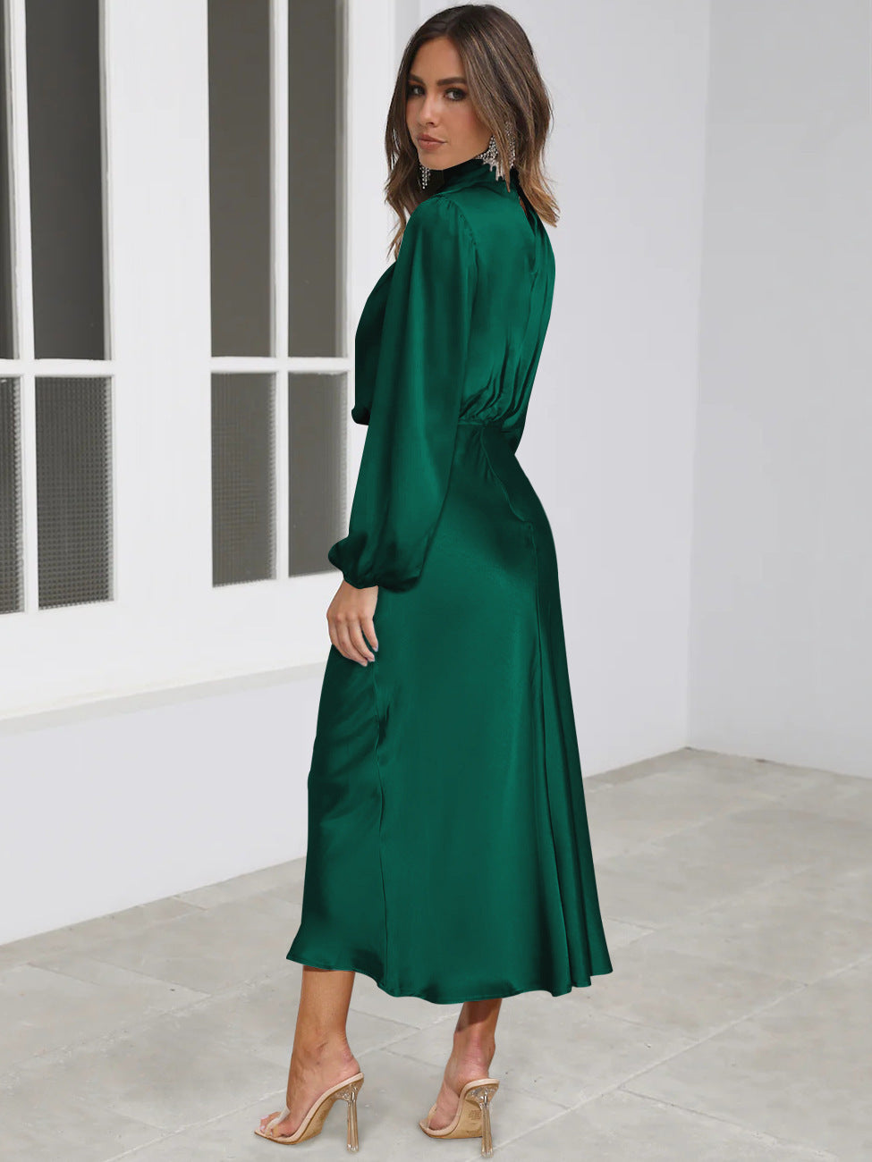 Elegant Temperament Long-sleeved Dress Satin Halterneck Formal Evening