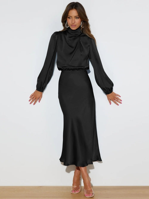 Elegant Temperament Long-sleeved Dress Satin Halterneck Formal Evening