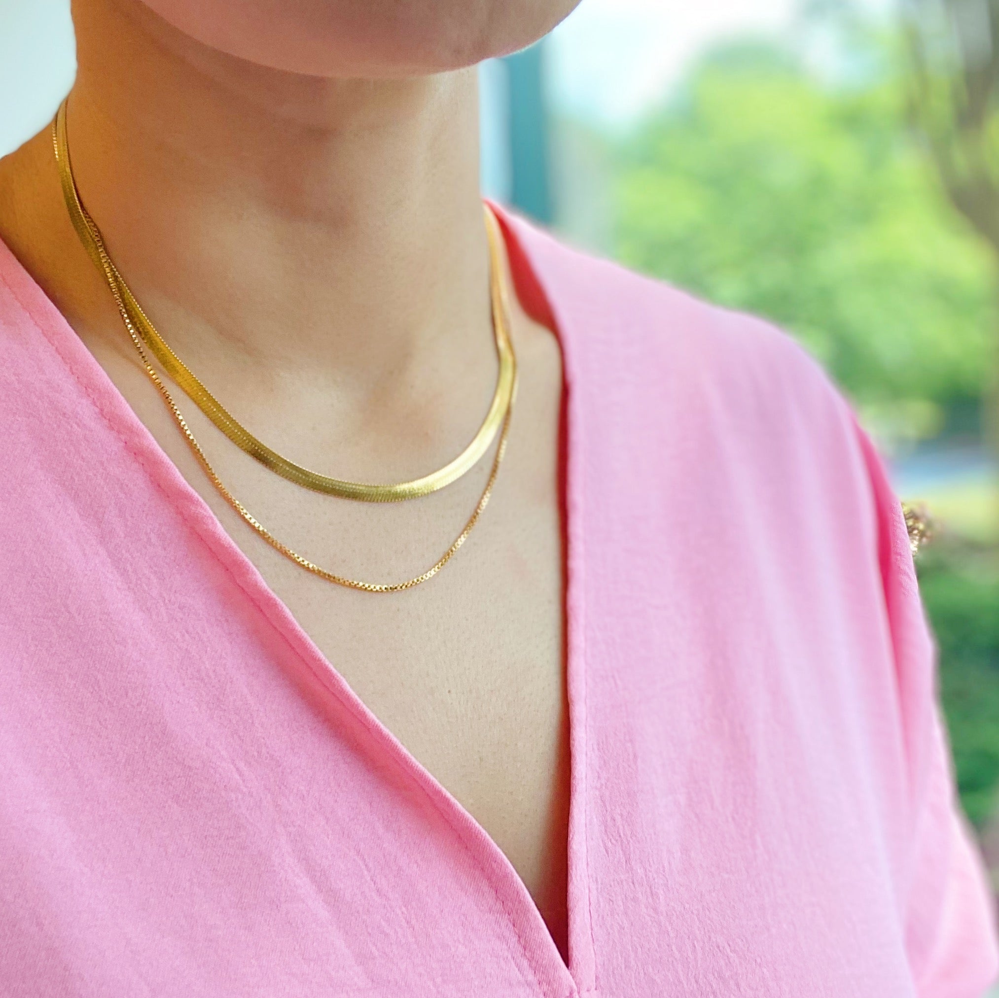 Layered Herringbone Chain Necklace, Waterproof Gold