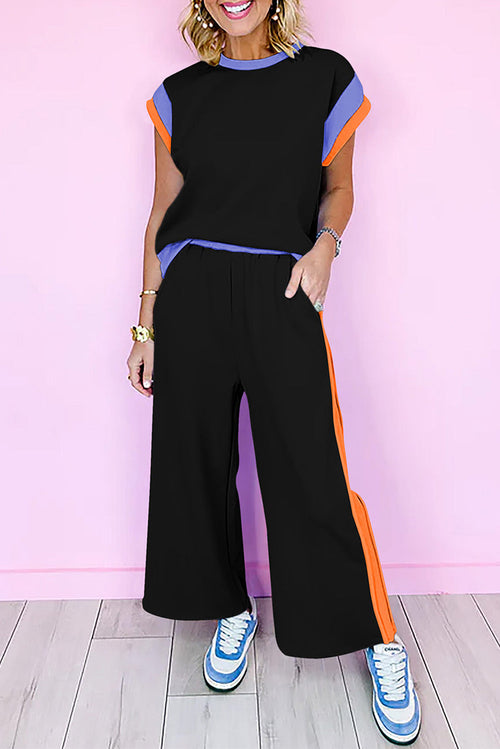 Colorblock Short Sleeve Top & Wide Leg Pants Set
