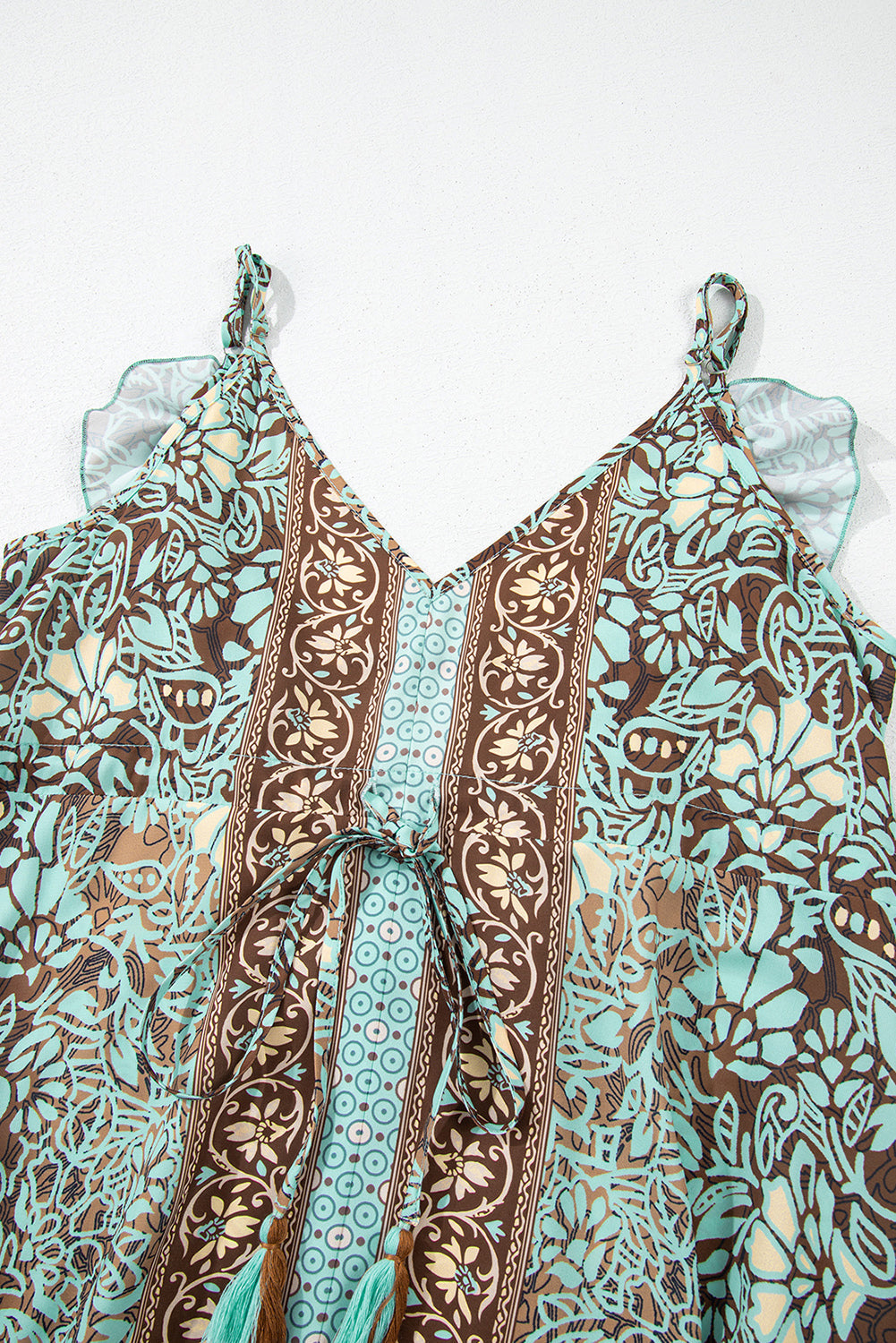 Floral V-Neck Ruffle Trim Backless Tassel Waist Dress