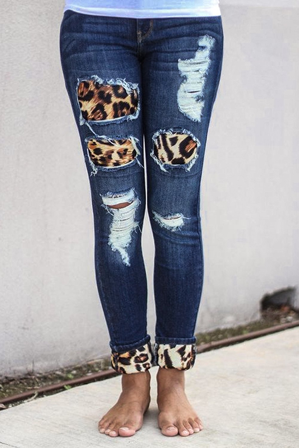 Plaid Splicing Hollow Out Ripped Jeans