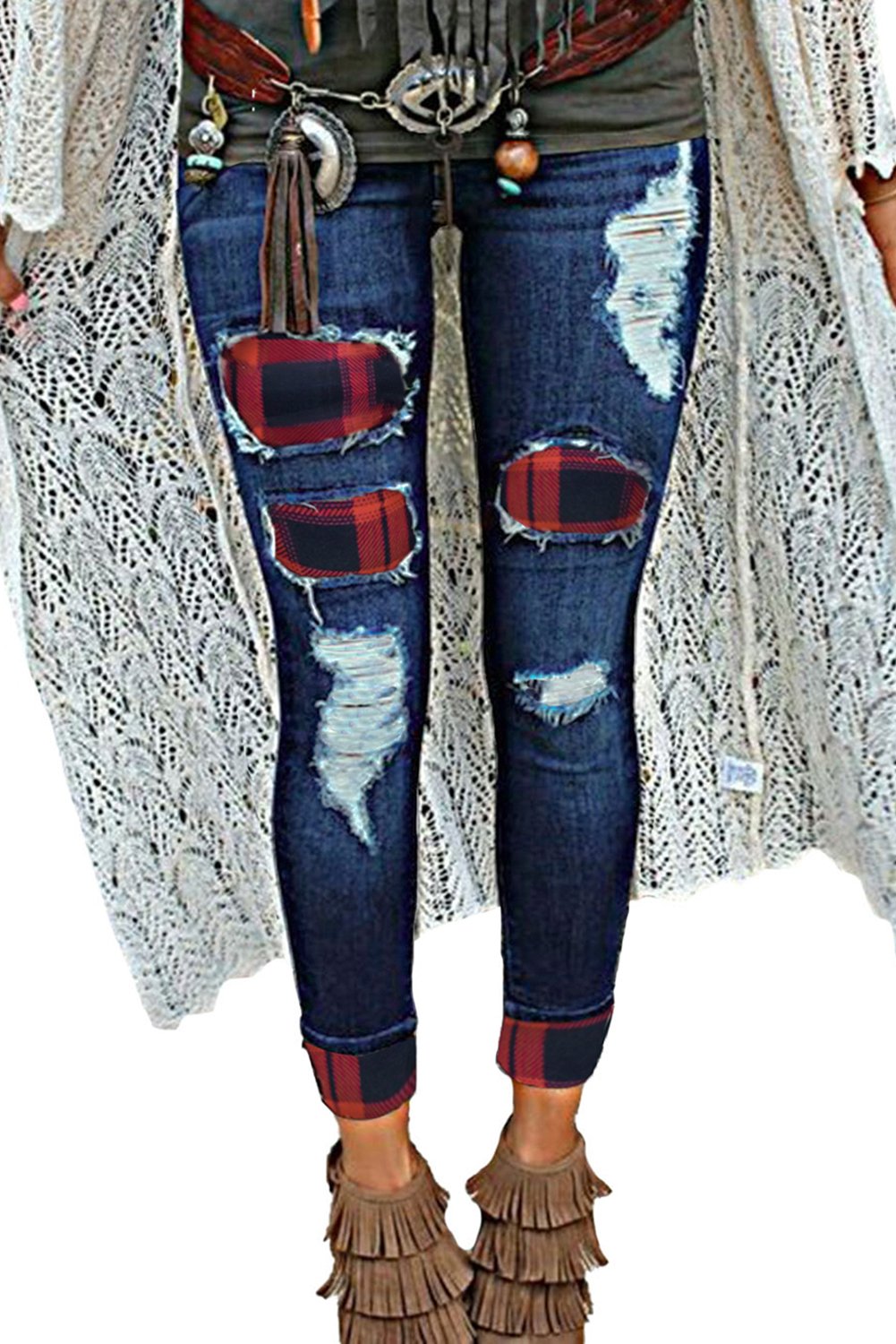 Plaid Splicing Hollow Out Ripped Jeans