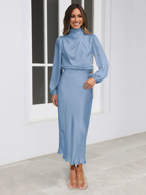 Elegant Temperament Long-sleeved Dress Satin Halterneck Formal Evening