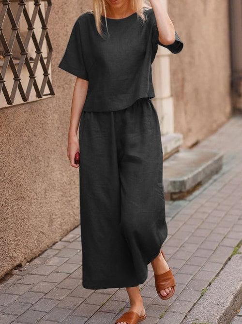 European And American Women's Linen Casual Loose Solid Color Suit