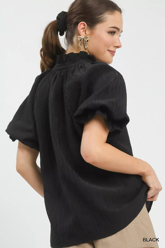 Umgee Textured Puff Sleeve Split Neck Top