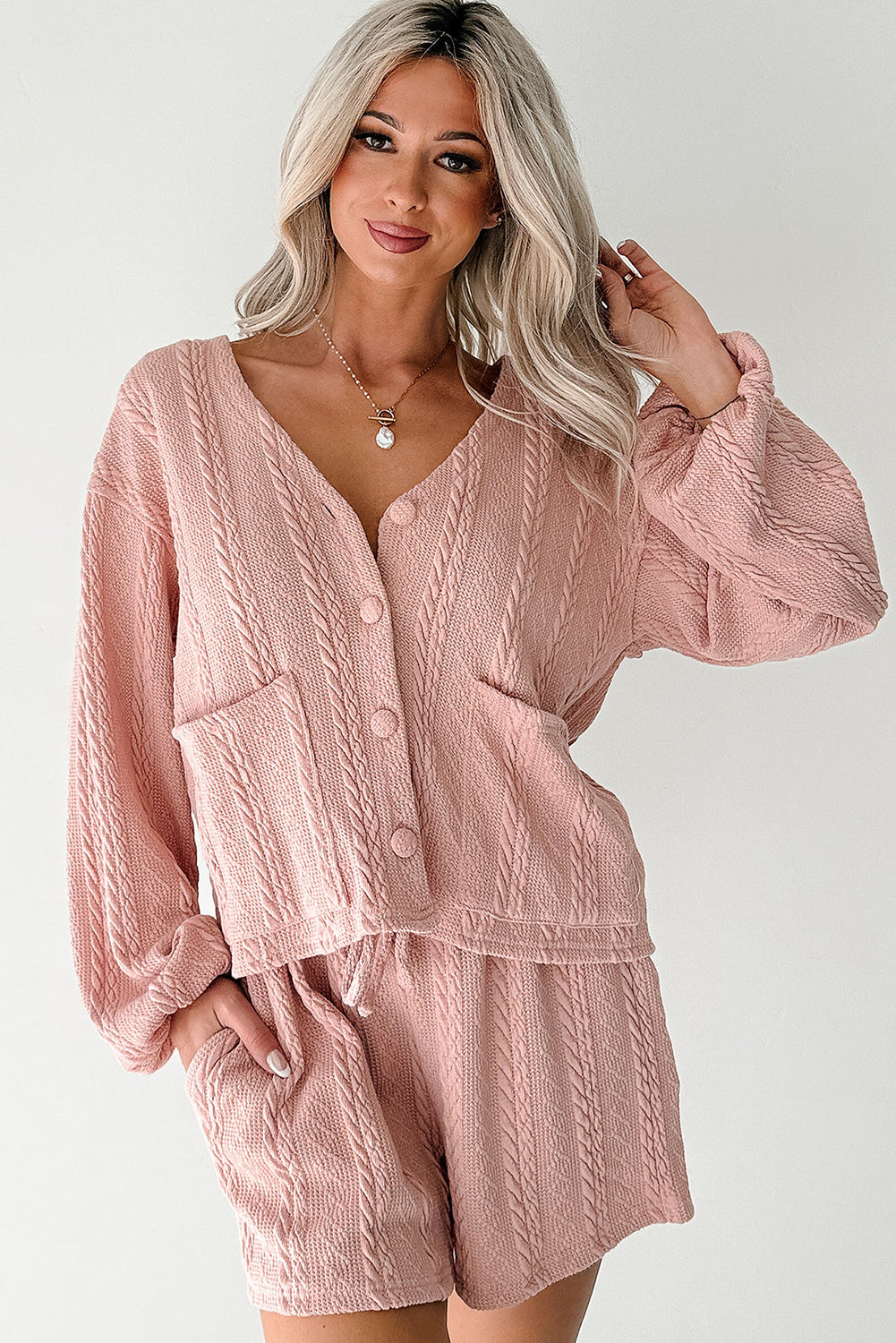 Cable Knit V-Neck Cardigan and Shorts Set