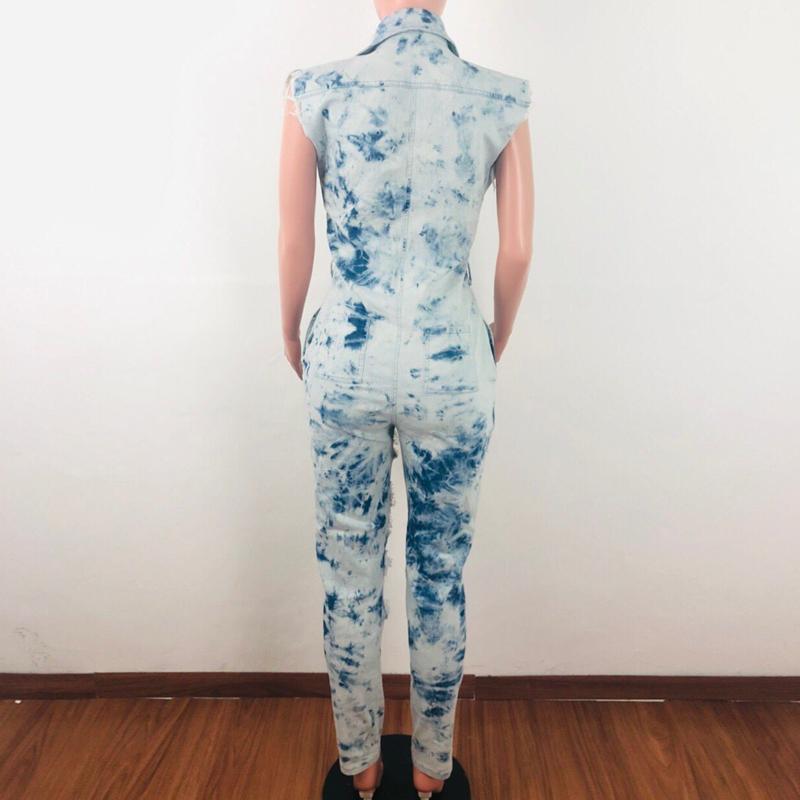 Denim hole tie dyed jumpsuit Women sashes buttons sexy long