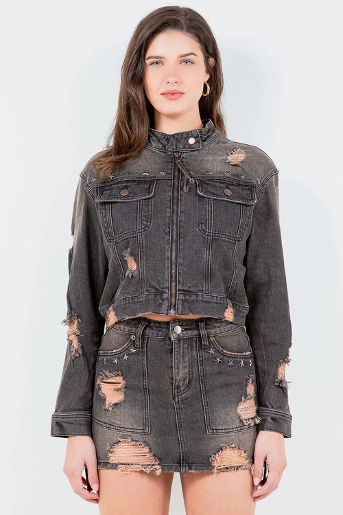 American Bazi Full Size Distressed Star Stud Trim Denim Rider Jacket