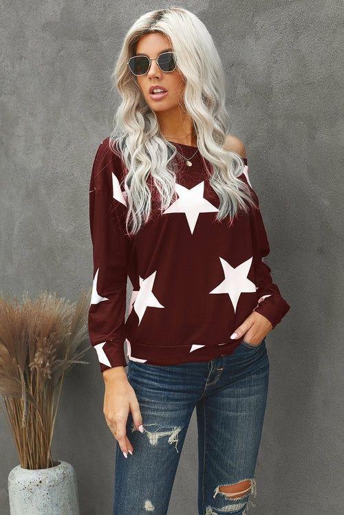 Fashion Five-pointed Star Print Round Neck Black Sweatshirt