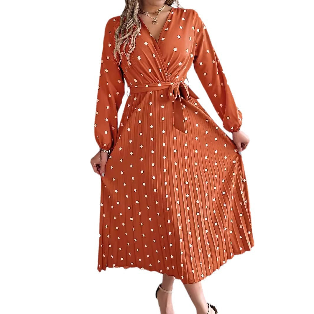 Spring Summer Elegant Long Dress Cross V-Neck Contrast Polka Dot Long