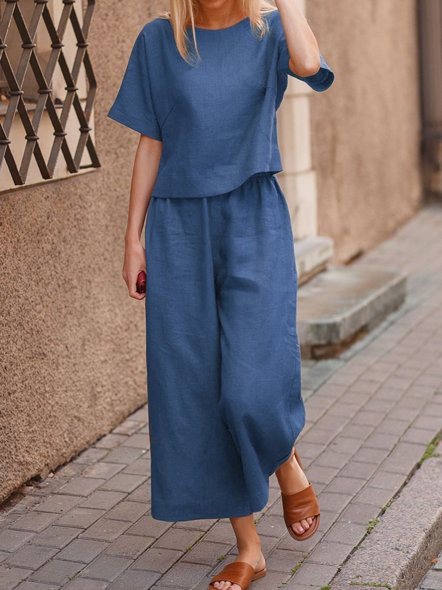 European And American Women's Linen Casual Loose Solid Color Suit