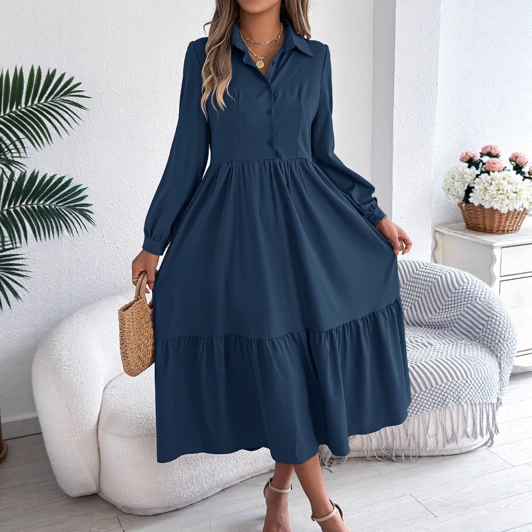 Women's Lapel Casual Loose Long Sleeve Ruffled Shirt Dresses Long