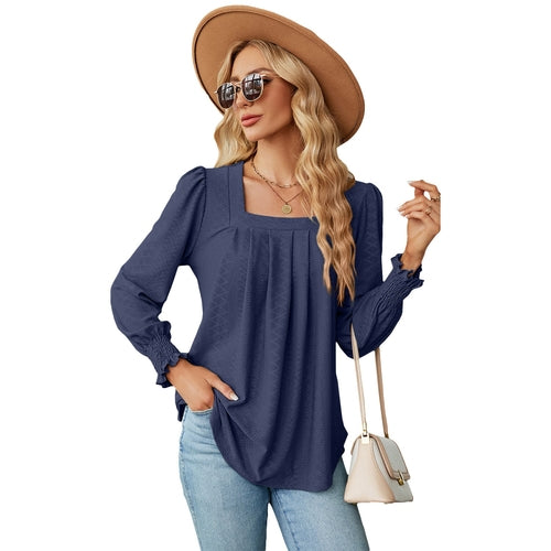 Jacquard Pleated Square Collar Long Sleeve Swallowtail Solid Color