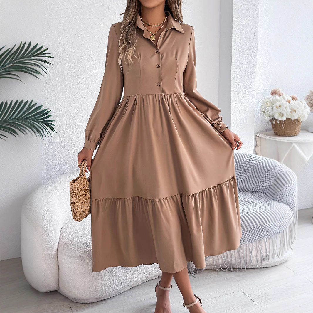 Women's Lapel Casual Loose Long Sleeve Ruffled Shirt Dresses Long