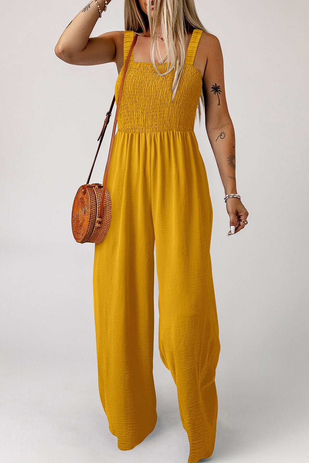Smocked Sleeveless Wide Leg Jumpsuit with Pockets