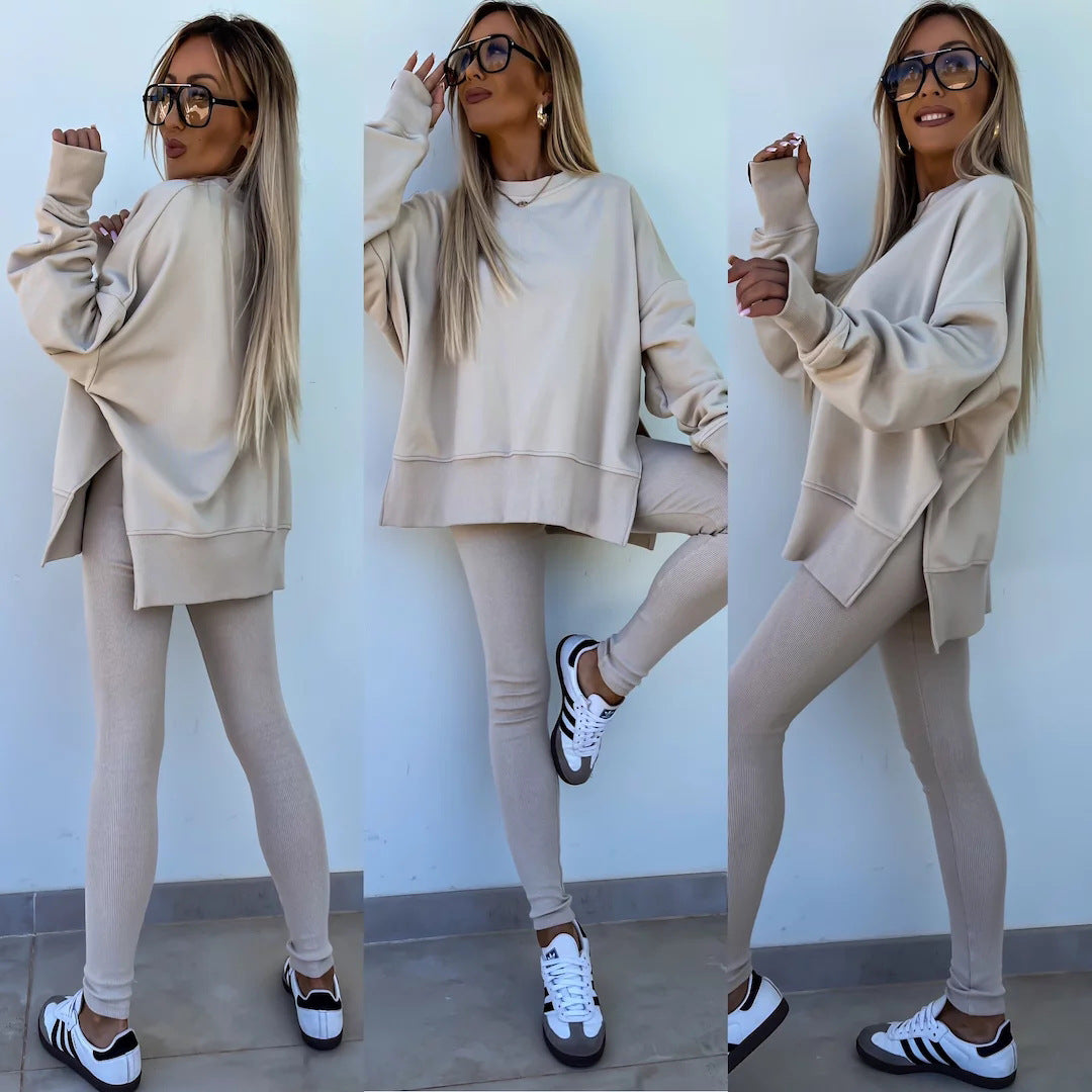 Sweater Suit Women's Casual Loose Long Sleeve Crew Neck Split Top