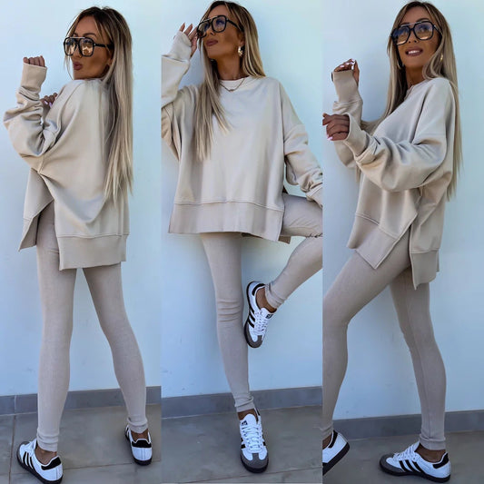 Sweater Suit Women's Casual Loose Long Sleeve Crew Neck Split Top