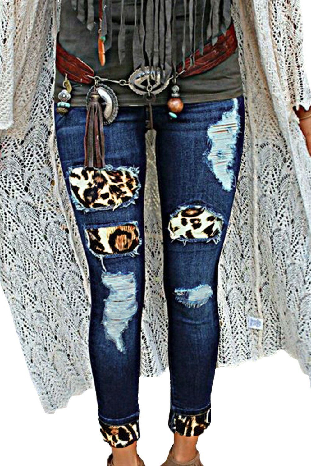 Plaid Splicing Hollow Out Ripped Jeans