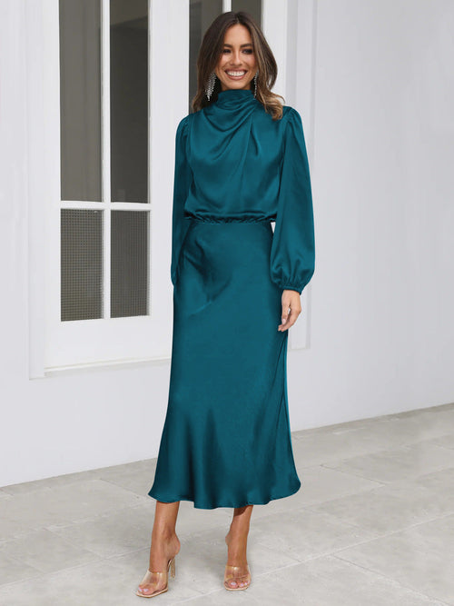 Elegant Temperament Long-sleeved Dress Satin Halterneck Formal Evening