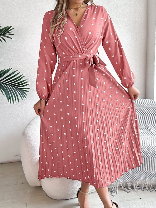 Spring Summer Elegant Long Dress Cross V-Neck Contrast Polka Dot Long