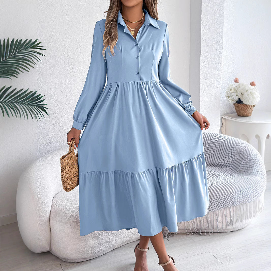 Women's Lapel Casual Loose Long Sleeve Ruffled Shirt Dresses Long