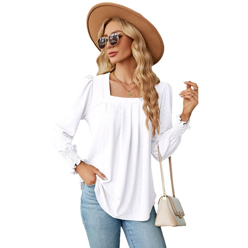 Jacquard Pleated Square Collar Long Sleeve Swallowtail Solid Color