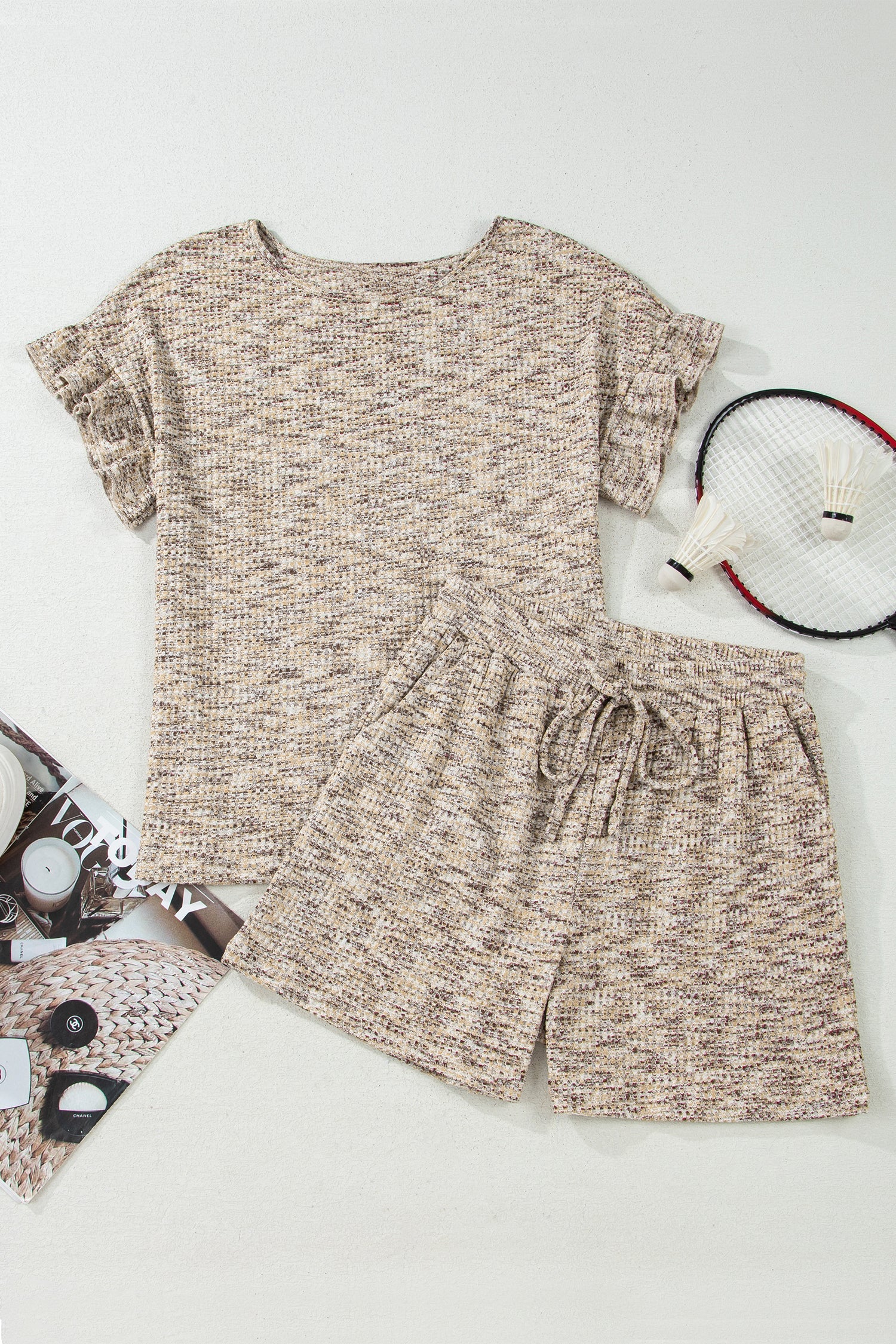 Heather Textured Ruffle Sleeve Top & Drawstring Shorts Set