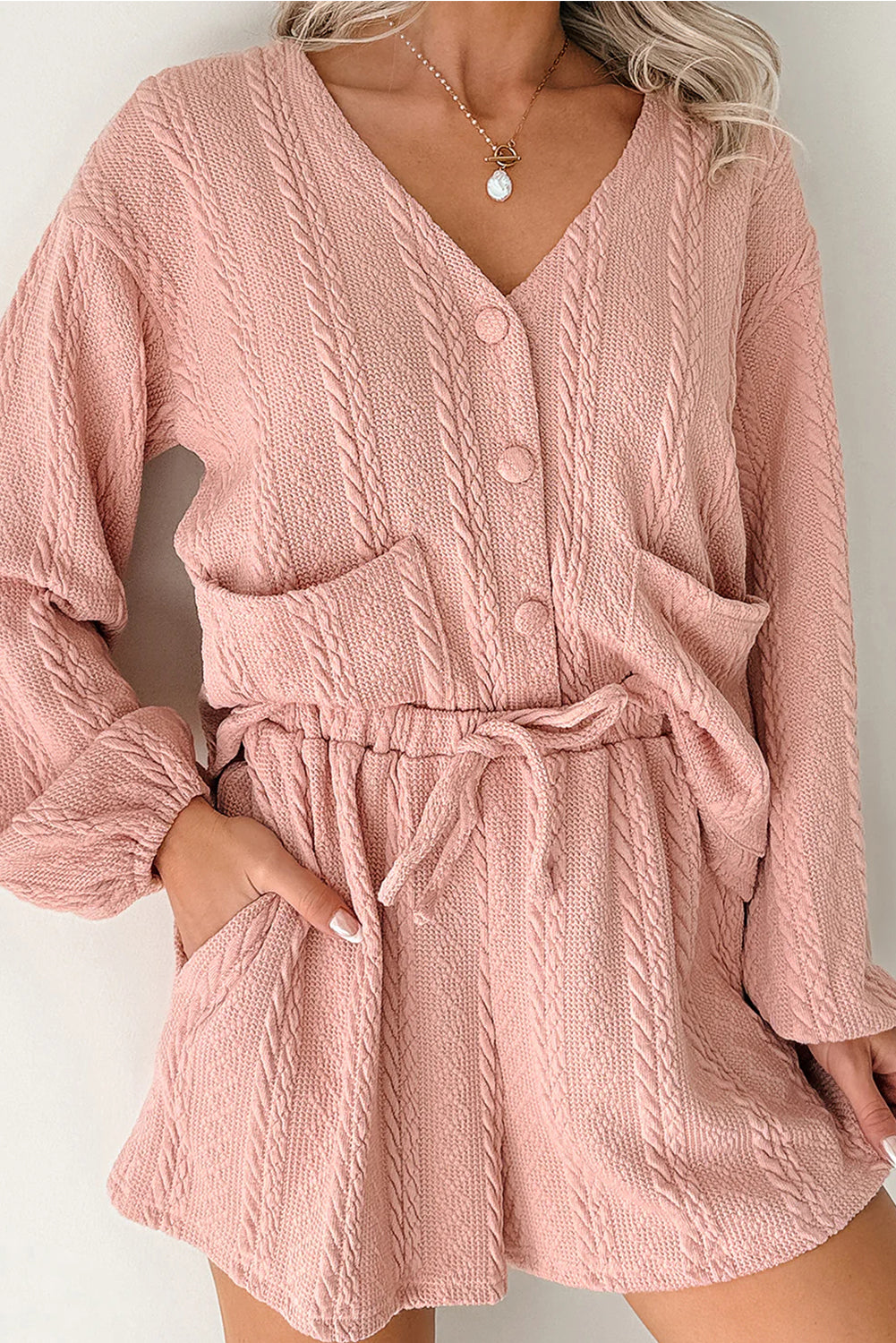 Cable Knit V-Neck Cardigan and Shorts Set