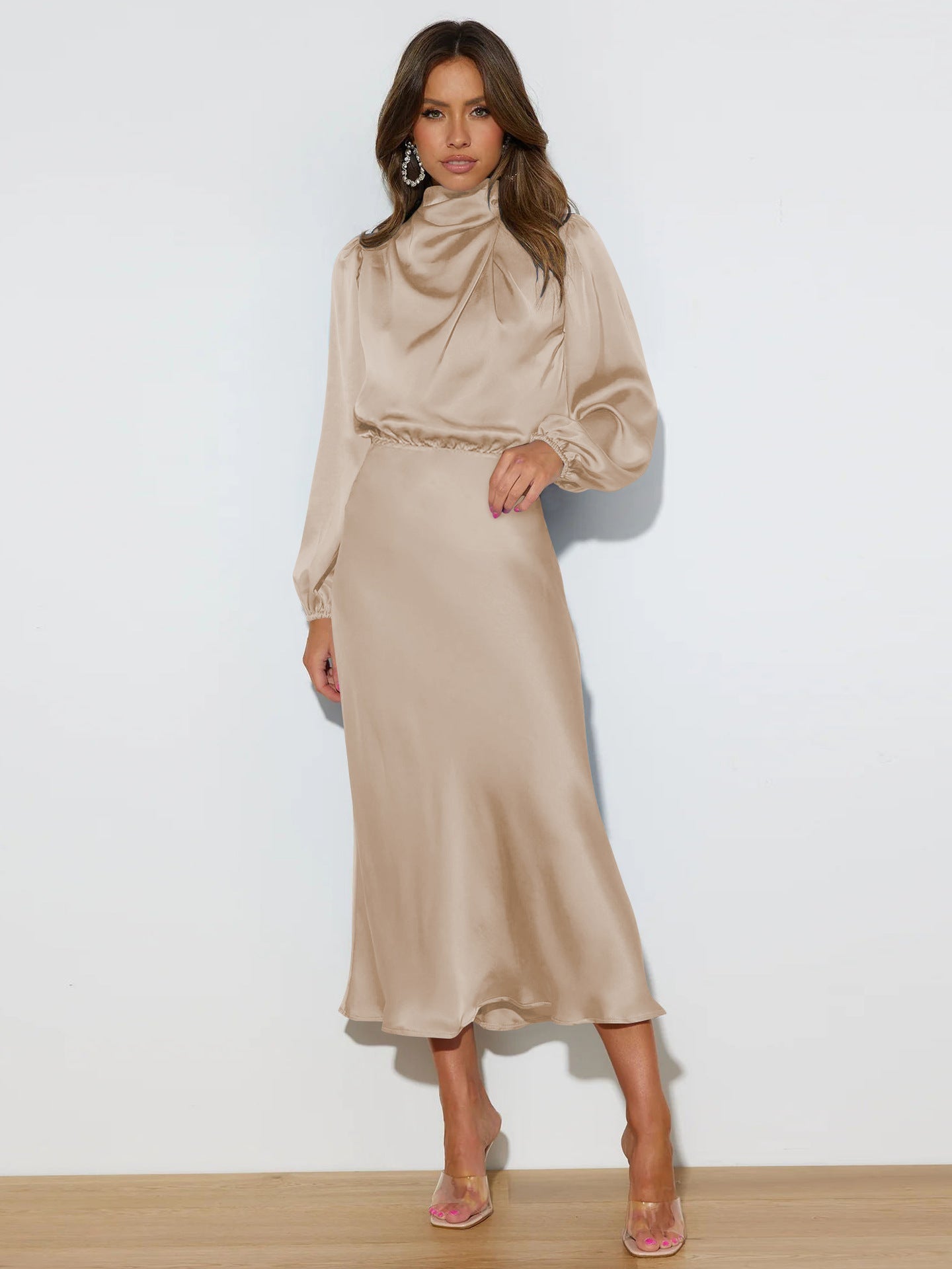 Elegant Temperament Long-sleeved Dress Satin Halterneck Formal Evening
