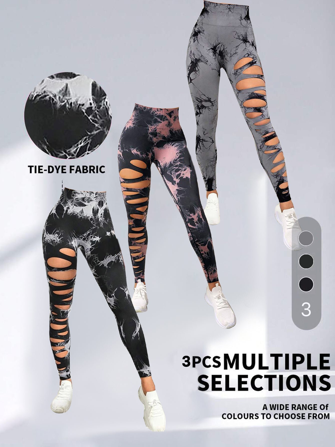 3 Pack Women's Tie Dye Cutout Tights High Waist Workout Yoga Leggings,