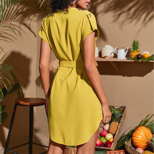 V-neck Short Sleeve Dress With Belt Summer Fashion Bowknot Dresses For