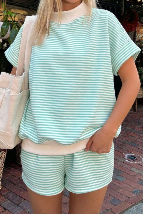 Stripe Contrast Mock Neck Tee & Shorts Set