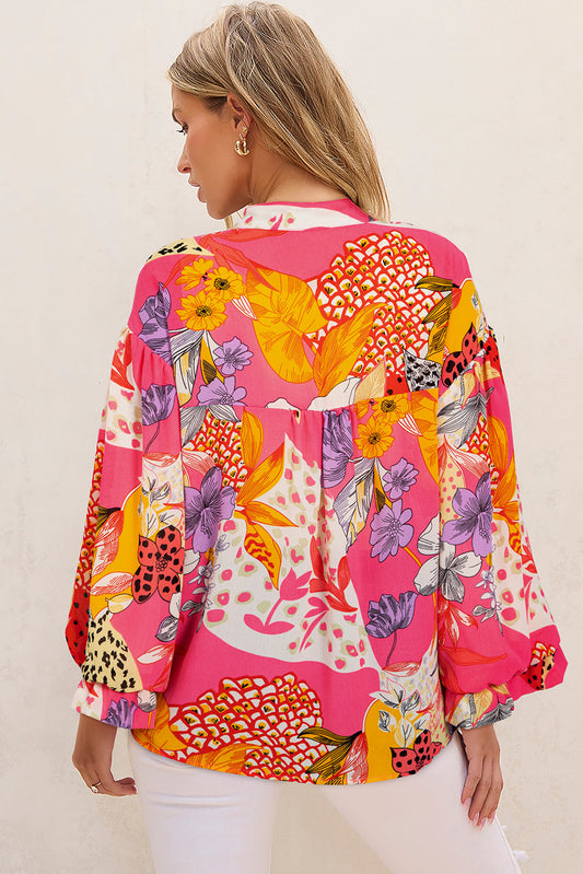 Floral Abstract Leopard Buttoned Ruffle Bubble Sleeve Shirt