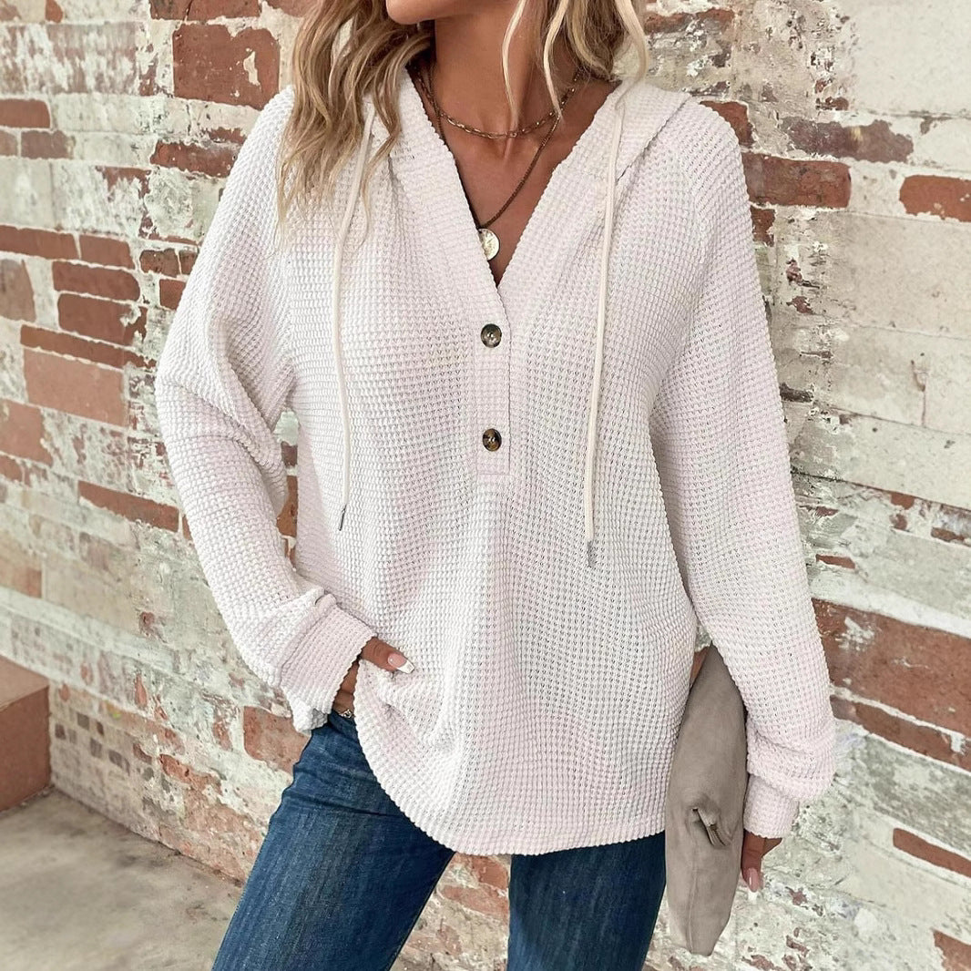 Waffle Hooded Sweater Sweatshirt Fashion Casual Long-sleeved