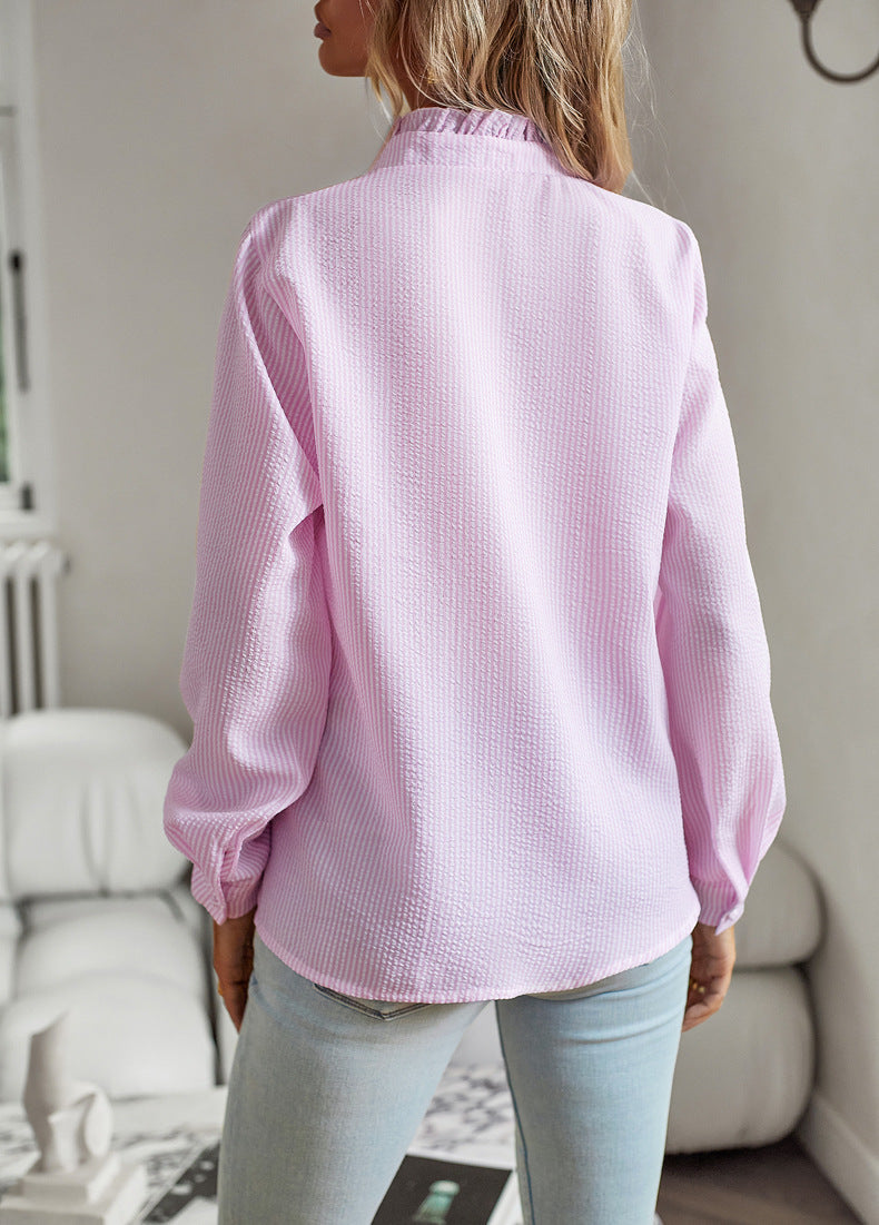 Striped Long Sleeve Shirt Fashion Ruffle Design Button Up Tops Casual
