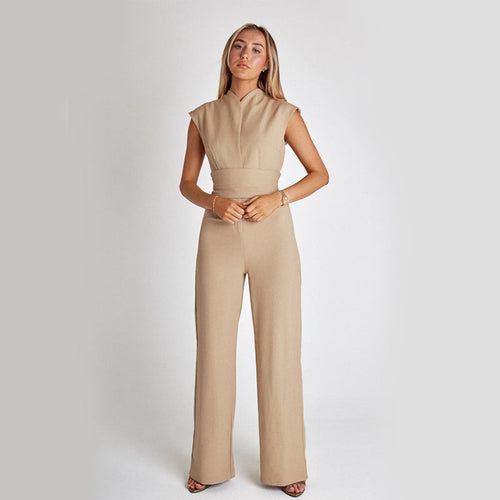 Fashion Elegant Long Sleeveless Jumpsuit Summer V-neck Casual Wide Leg
