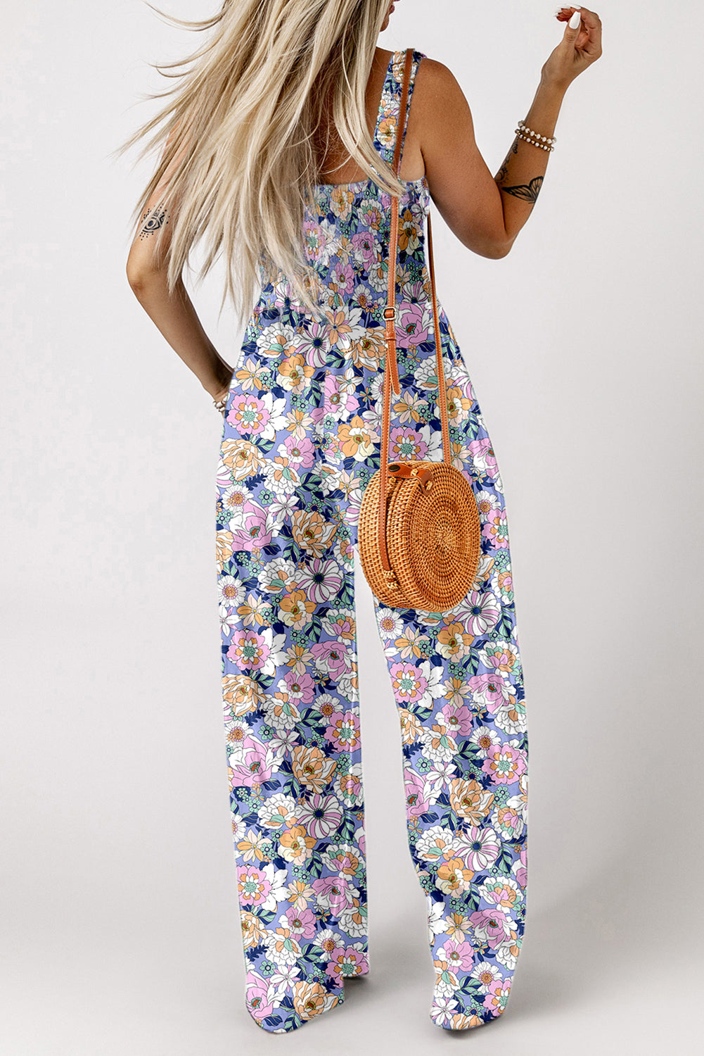 Floral Smocked High Waist Square Neck Jumpsuit