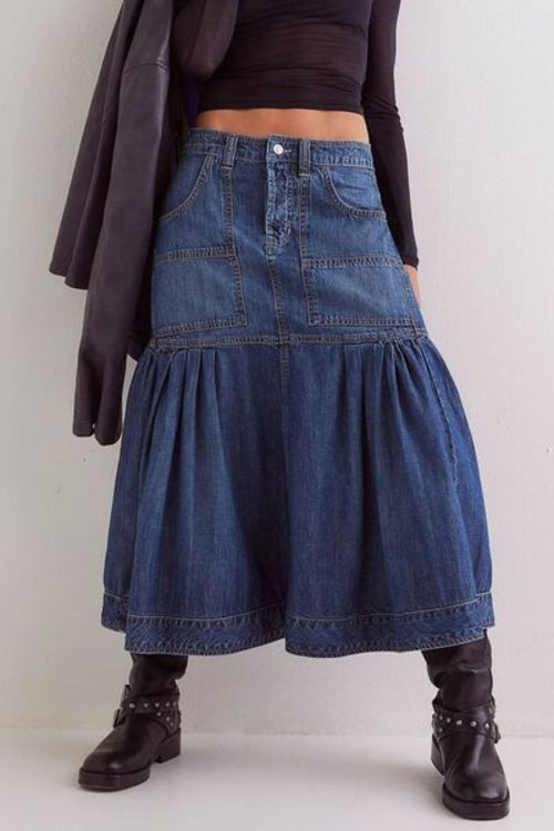 MUNSIEUR Bohemian Denim Midi Skirt - Luxury Flowy Skirt with Pockets