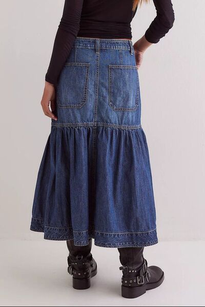 MUNSIEUR Bohemian Denim Midi Skirt - Luxury Flowy Skirt with Pockets